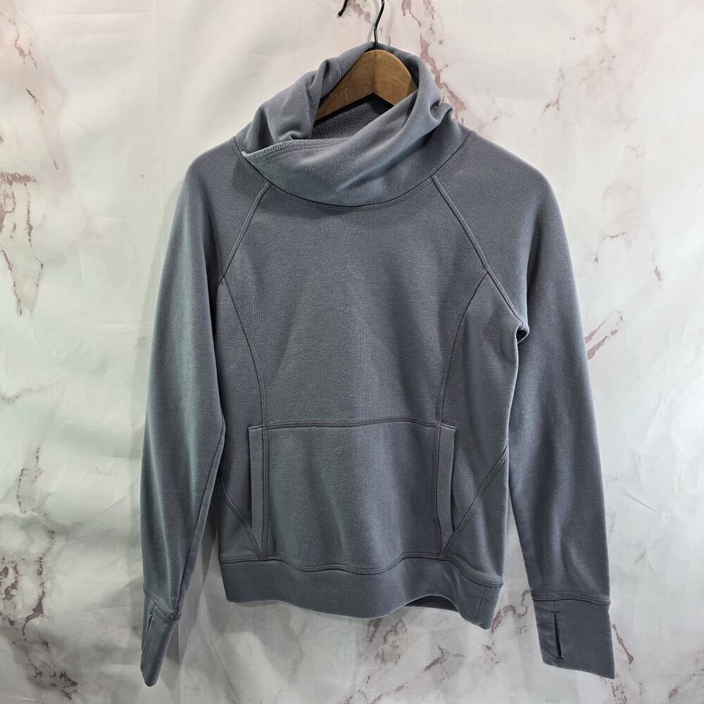 Athleta Sweatshirt Womens XS Gray Mock Cowl Fleece Pullover Wool Thumb Holes - Picture 1 of 11
